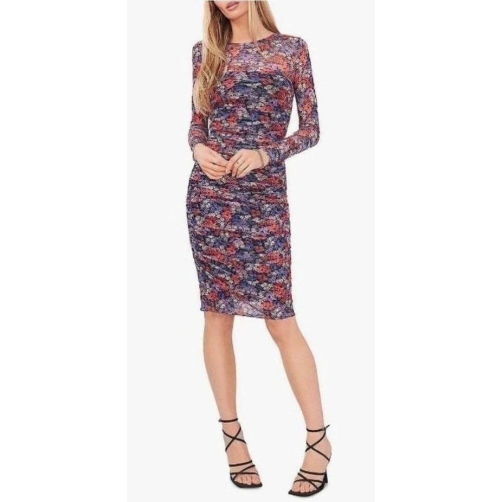 1.State Women's Long Sleeve Floral Ruched Mesh Overlay Midi Dress in Multi 0X